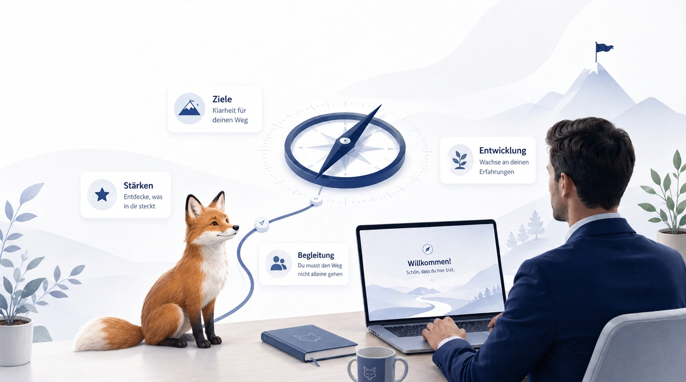 Illustration des CoachingFox Karriere-Kompass: ein Fuchs, ein Kompass und eine Person am Laptop mit den Stationen Stärken, Ziele, Begleitung und Entwicklung
